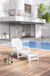 H&O Direct Foldable Outdoor Lounge Chair Recliner with Wheels in White - thumbnail 2