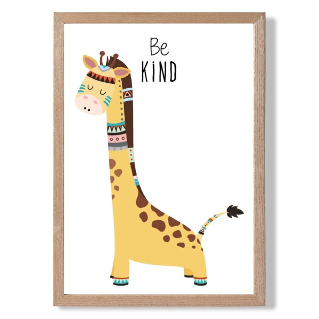 ARTZE Be Kind Giraffe Tribal Animal Quote Framed Print SIZE: A3 with Oak Frame in Yellow - Size: A4 - image 1