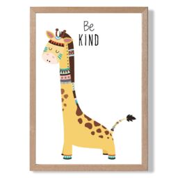ARTZE Be Kind Giraffe Tribal Animal Quote Framed Print SIZE: A3 with Oak Frame in Yellow - Size: A4