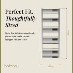 Balterley Straight Heated Towel Rail Radiator, 602W, 600 x 1800mm, Chrome in Silver - thumbnail 5