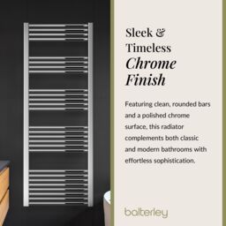 Balterley Straight Heated Towel Rail Radiator, 602W, 600 x 1800mm, Chrome in Silver - thumbnail 6