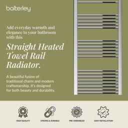 Balterley Straight Heated Towel Rail Radiator, 602W, 600 x 1800mm, Chrome in Silver - thumbnail 2