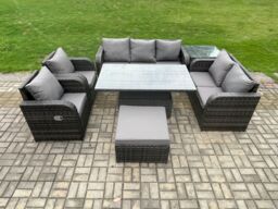 Fimous Rattan Outdoor Garden Furniture Sets Height Adjustable Rising lifting Dining Table Reclining Chair Sofa Set in Dark Grey - thumbnail 1