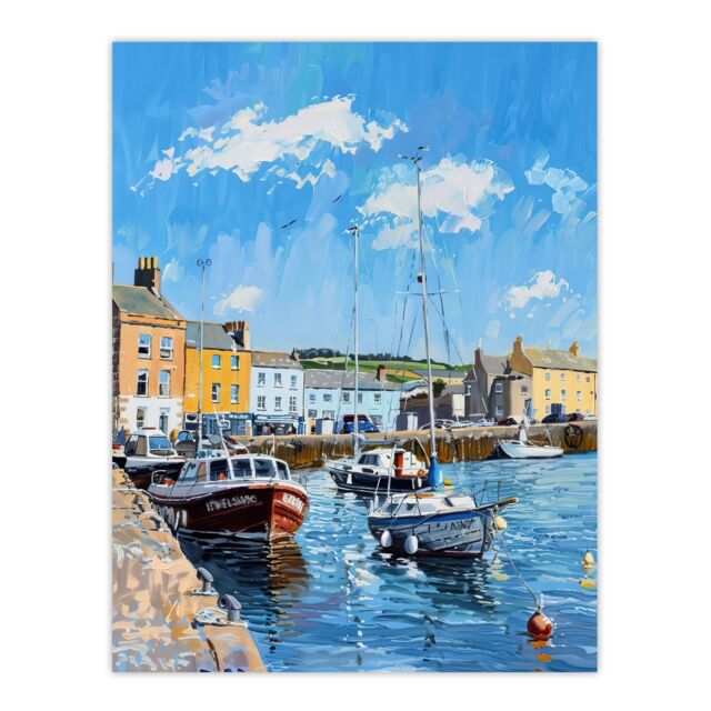 "Artery8 St Andrews Harbour Boats Seaside Town Painting Wall Art Print in Blue - Size: W24"" x H32""" - image 1