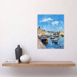 "Artery8 St Andrews Harbour Boats Seaside Town Painting Wall Art Print in Blue - Size: W24"" x H32""" - thumbnail 4