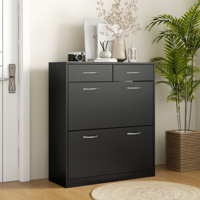 HOMCOM Slim Shoe Cabinet with 2 Flip Drawers for 12 Pairs of Shoes Black - image 1