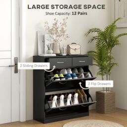 HOMCOM Slim Shoe Cabinet with 2 Flip Drawers for 12 Pairs of Shoes Black - thumbnail 4