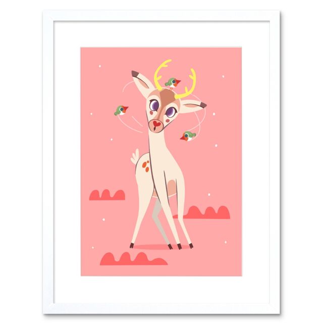 "Artery8 Wall Art Print Stag Dazed with Birds Art Framed 9x7 inch in White - Size: W7"" x H9""" - image 1