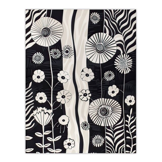 "Artery8 Wildflower Garden Black & White Stripes Abstract Wall Art Print - Size: W24"" x H32""" - image 1