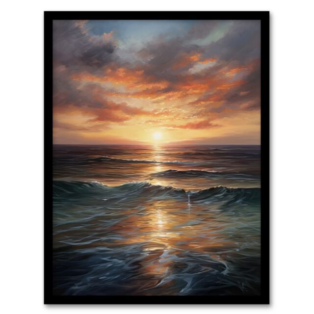 "Artery8 Tranquil Seascape Sunset Ocean Waves On Sea Oil Painting Art Print Framed Poster Wall Decor 12x16 inch in Black - Size: W12"" x H16""" - image 1
