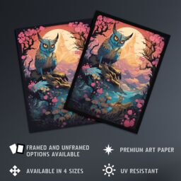 Artery8 Wall Art Print Owl Yokai Concept Art Painting Mythical Folklore Creature Standing Before Warrior in a Cherry Blossom Forest Landscape at - thumbnail 2