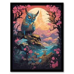 Artery8 Wall Art Print Owl Yokai Concept Art Painting Mythical Folklore Creature Standing Before Warrior in a Cherry Blossom Forest Landscape at - thumbnail 1