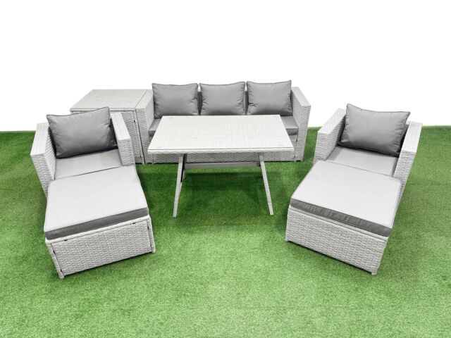 Fimous 8 Pieces Outdoor PE Rattan Sofa Armchair Set with Side Table Big Stool in Light Grey - image 1