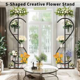 Kelvenix 5-Tier Vertical S-Shaped Plant Stand Corner Flower Holder Shelf in Black - thumbnail 5