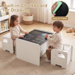 CASART 3PCS Kids Table & Chair Set Toddler Table & 2 Chairs w/Chalkboard in White - thumbnail 5