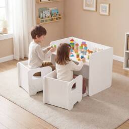 CASART 3PCS Kids Table & Chair Set Toddler Table & 2 Chairs w/Chalkboard in White - thumbnail 3