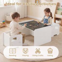 CASART 3PCS Kids Table & Chair Set Toddler Table & 2 Chairs w/Chalkboard in White - thumbnail 6