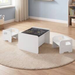 CASART 3PCS Kids Table & Chair Set Toddler Table & 2 Chairs w/Chalkboard in White - thumbnail 4