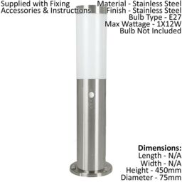 Loops 2 PACK IP44 Outdoor Bollard Light & PIR Sensor Stainless Steel 450mm Lamp Post in Metallics - thumbnail 2