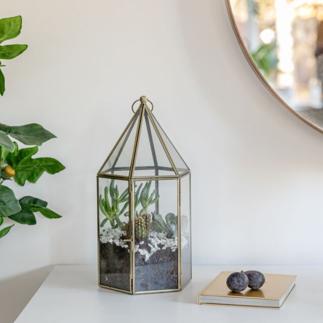 Ivyline Glasshouse Terrarium Antique Brass, H36cm x W18cm- Perfect for Gifting in Metallics - image 1