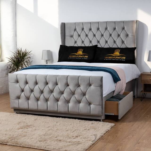 UK Bed Furniture Balamore Wingback Divan Bed with 54Inch Headboard & 2 Drawers Foot End in Grey - Size: Small Double - image 1