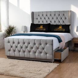 UK Bed Furniture Balamore Wingback Divan Bed with 54Inch Headboard & 2 Drawers Foot End in Grey - Size: Small Double - thumbnail 1