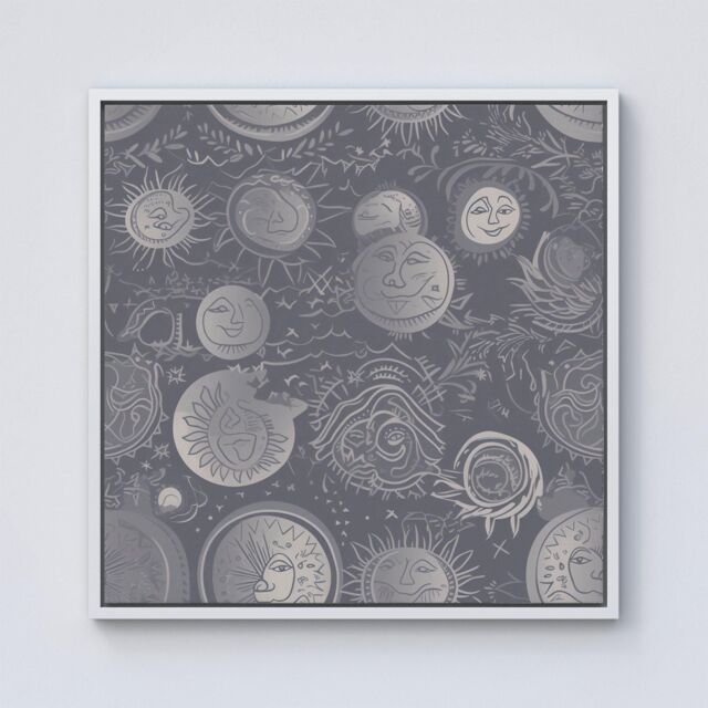"Warren Reed - Designer Sun & Moon in Grey Framed Canvas in Off-White - Size: W30"" x H30""" - image 1