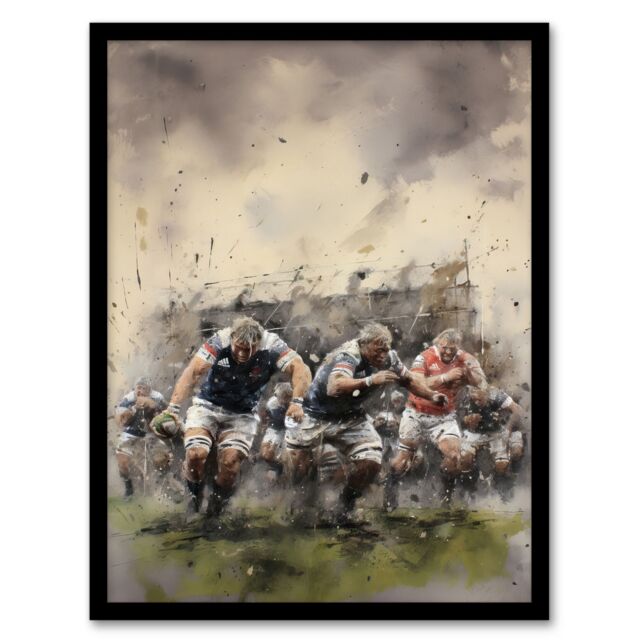 Artery8 Wall Art Print Rugby Mud Bowl Pushing Forward Action Painting For Him Fan Man Cave Art Framed in Beige - Size: A4 - image 1