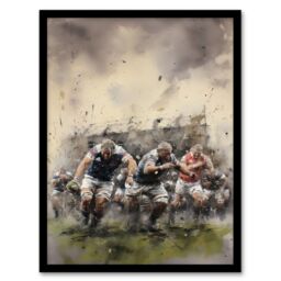 Artery8 Wall Art Print Rugby Mud Bowl Pushing Forward Action Painting For Him Fan Man Cave Art Framed in Beige - Size: A4 - thumbnail 1