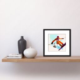 Artery8 Skier In Jump Motion Ski Skiing Bright Watercolour Snow Mountain Winter Sport Square Wooden Framed Wall Art Print Picture 8X8 Inch in Black - thumbnail 2