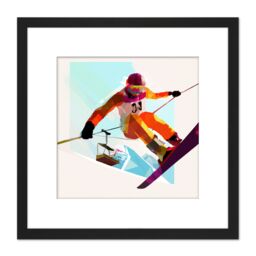 Artery8 Skier In Jump Motion Ski Skiing Bright Watercolour Snow Mountain Winter Sport Square Wooden Framed Wall Art Print Picture 8X8 Inch in Black - thumbnail 1