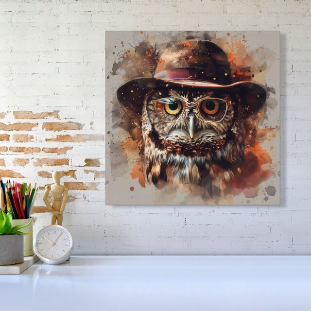 Warren Reed - Designer Owl With Hat & Glasses Canvas in Brown - Size: w10 inch x h10 inch - image 1