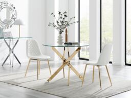 FurnitureboxUK Novara 100cm Round Gold Leg Dining Table & 2 Corona Gold Chairs in White