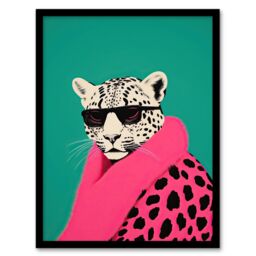 Wee Blue Coo Wall Art Print Fashion Cheetah Vibrant Teal Hot Pink Colour Block Fun Bold Animal Portrait Art Framed - Size: A4 - thumbnail 1