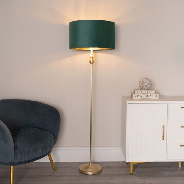 ValueLights Maggie Gold Candlestick Floor Lamp with Velvet with Gold Inner Lamp Shade in Bottle Green - image 1
