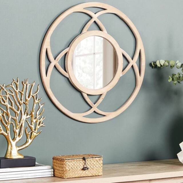 Wyld and Coco 60 cm Round Wall Mirror - Light Brown Distressed Wood Veneer - image 1