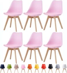MCC Direct Set of 6 Dining Chairs with Solid Wooden Legs & Seat Cushions Eva in Pink - thumbnail 1