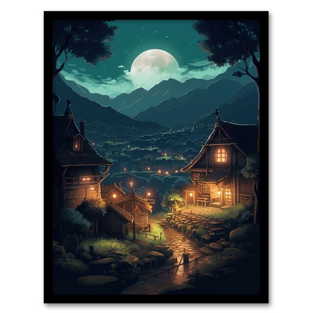 Artery8 Wall Art Print Full Moon Over Traditional Chalet Houses in Peaceful Village Painting Mountainside Bright Lit Windows on Clear Moonlit Night - image 1