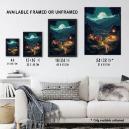 Artery8 Wall Art Print Full Moon Over Traditional Chalet Houses in Peaceful Village Painting Mountainside Bright Lit Windows on Clear Moonlit Night - thumbnail 3