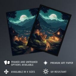 Artery8 Wall Art Print Full Moon Over Traditional Chalet Houses in Peaceful Village Painting Mountainside Bright Lit Windows on Clear Moonlit Night - thumbnail 2
