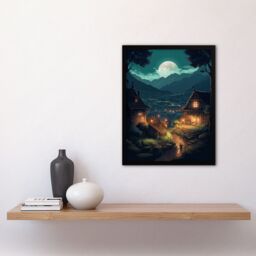 Artery8 Wall Art Print Full Moon Over Traditional Chalet Houses in Peaceful Village Painting Mountainside Bright Lit Windows on Clear Moonlit Night - thumbnail 4