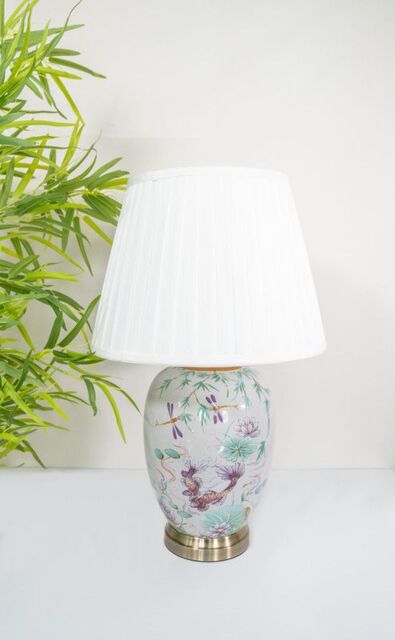 Downton Interiors Pink Koi Fish Oriental Ceramic Table Lamp with Pleated Shade - Size: Large - image 1