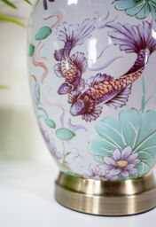 Downton Interiors Pink Koi Fish Oriental Ceramic Table Lamp with Pleated Shade - Size: Large - thumbnail 2
