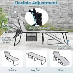 Costway Patio Folding Chaise Lounge Chair Portable Sun Lounger in Grey - thumbnail 6