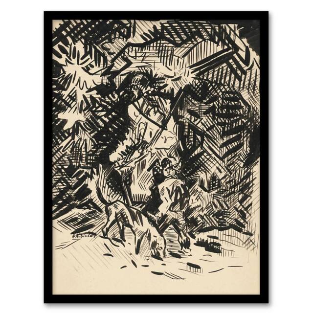 Artery8 Hunter With Child & Hound Kubincan Framed Wall Art Print in Black - Size: A3 - image 1
