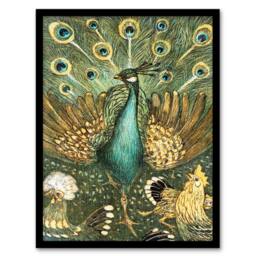 Artery8 Theo van Hoytema Framed Wall Art Print Peacock with Hens Painting in Green - Size: A4 - thumbnail 1