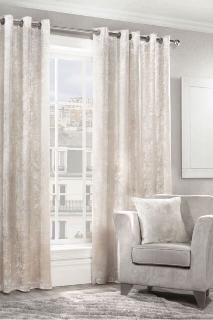 Alan Symonds Crushed Velvet Fully Lined Eyelet Curtains in Cream - Size: 168 cm width x 137 cm drop - image 1