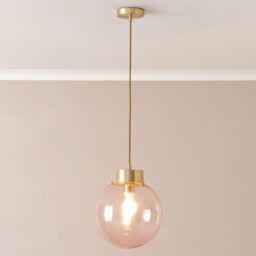 ValueLights Frenchie Pink Glass Globe Brushed Gold Capped Ceiling Pendant Light in Pale Pink