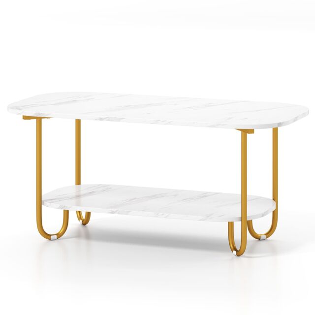Gymax 2-Tier Faux Marble Top Console Table Home Entryway Table-White in White - image 1