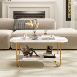 Gymax 2-Tier Faux Marble Top Console Table Home Entryway Table-White in White - thumbnail 4